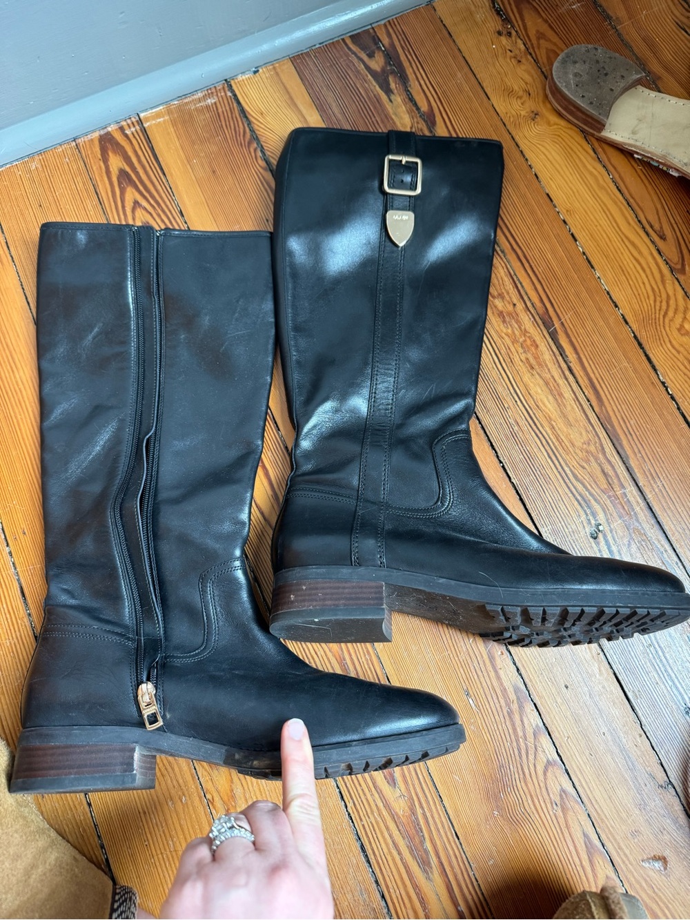 Coach Black Leather Knee-High Riding Boots with Gold Tone Buckle